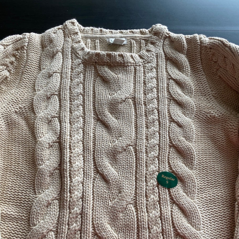 LL Bean Small Heritage Cable Knit Sweater 100% Cotton Cream Beige 517898 Womens - Picture 2 of 6